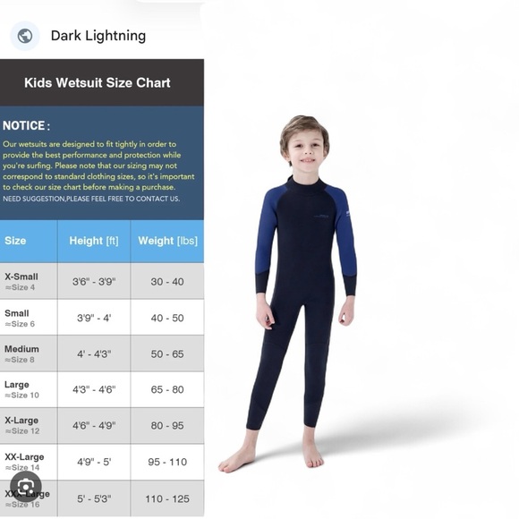 Dark Lightning 3/2mm Kids Wetsuit Neoprene Thermal Blue/Black Size Medium NWOT - Picture 6 of 14